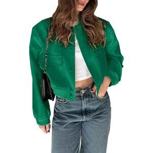 Women's Bomber Varsity Green Button Down Pockets Closure Jacket Cropped Coat